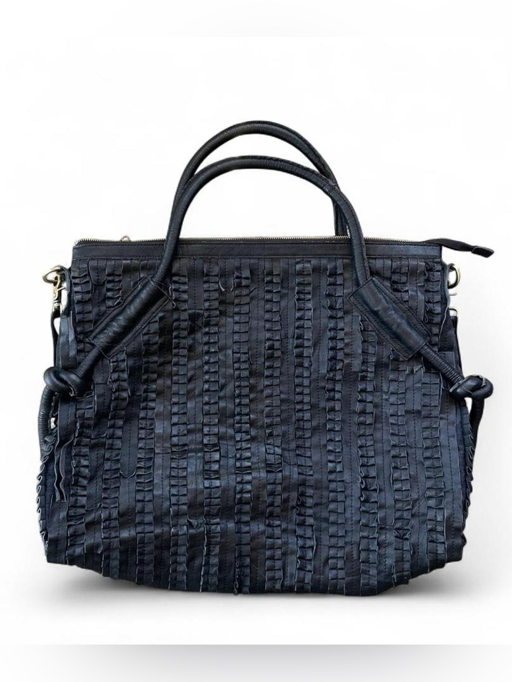 AmeriLeather Black Woven Leather Tote Crossbody Bag Y2K Boho